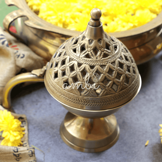 Ambi Divine Intricate Design Brass Dhuni Loban Sambrani Incense Burner (Small)