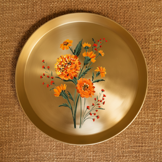 AMBI Divine 100% Pure Kansa Pooja Plate with Hand-Painted Marigold Design & Curved Edge – 8 Inch