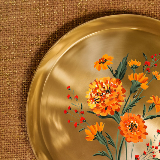 AMBI Divine 100% Pure Kansa Pooja Plate with Hand-Painted Marigold Design & Curved Edge – 8 Inch