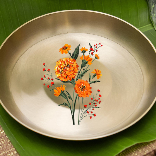 AMBI Divine 100% Pure Kansa Pooja Plate with Hand-Painted Marigold Design – 8 Inch