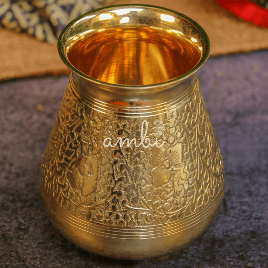Ambi Divine 100 % Brass Embossed Lota Kalash for Pooja or Water Storage - Conical