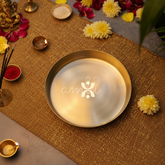 Ambi Divine 100% Lead Free Pure Kansa Thali with laser cut design / Pooja Plate - 8 inch