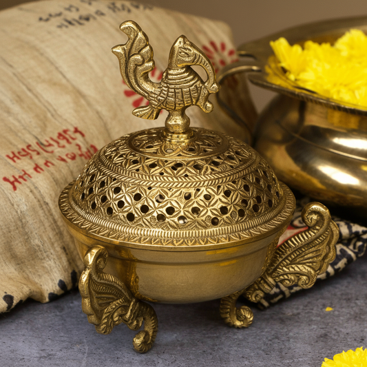 Ambi Divine 3 Legged Peacock Top Pure Brass Dhuni Loban Sambrani Incense Burner