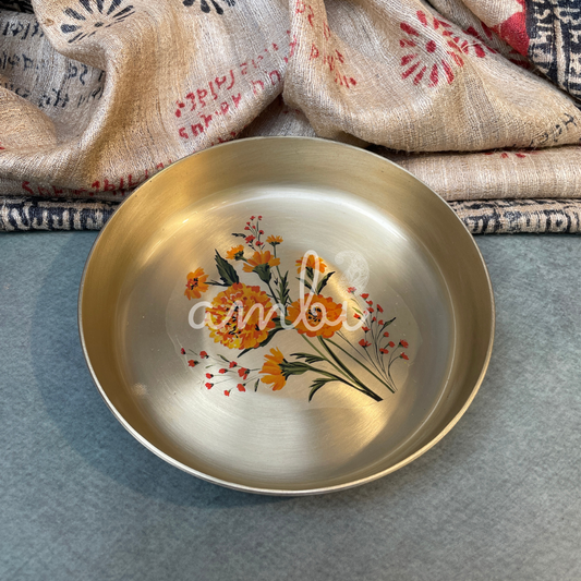 Ambi Divine Pure Kansa Marigold Hand Painted Plate – 6 Inch Puja Plate