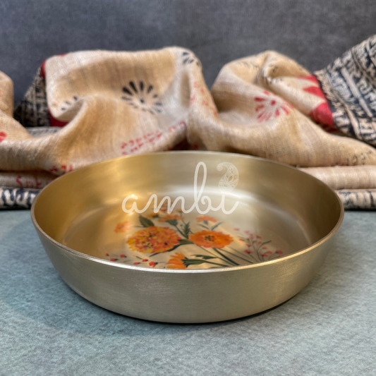 AMBI Divine 100% Pure Kansa Pooja Plate with Hand-Painted Marigold Design – 6 Inch
