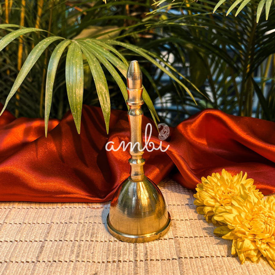 Ambi Divine Pure Brass Handheld Pooja Bell for Aarti & Prayer - 5.2 Inch Height (205 Grams)