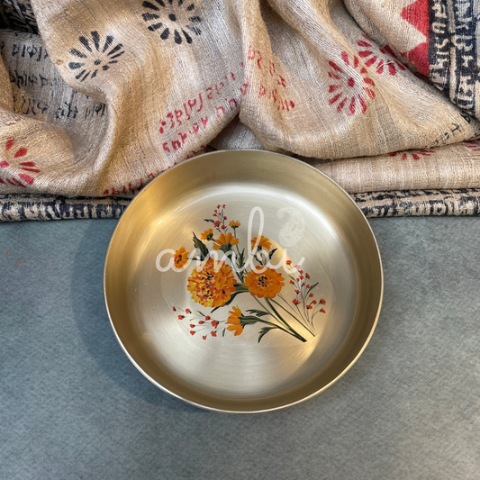 Ambi Divine 100% Pure Lead Free Kansa Marigold Hand Painted Finish Small Plate | Dessert Plate | Puja Plate - 6 Inch