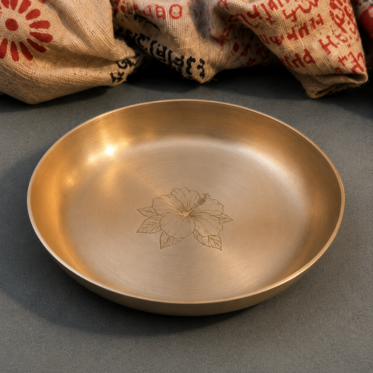 Ambi Divine 100% Pure Lead-Free Kansa Plate with Hibiscus Etching – 6 Inch | Handcrafted Kansa Pooja Plate