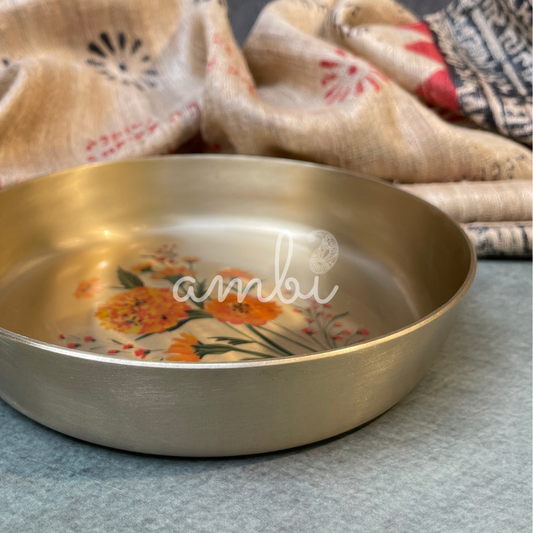 AMBI Divine 100% Pure Kansa Pooja Plate with Hand-Painted Marigold Design – 6 Inch