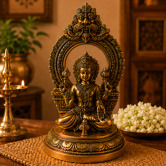 Ambi Divine Pure Brass Goddess Padmasana Lakshmi Idol with Prabhavali | Handcrafted Seated Laxmi Murti for Home Mandir, Diwali & Prosperity