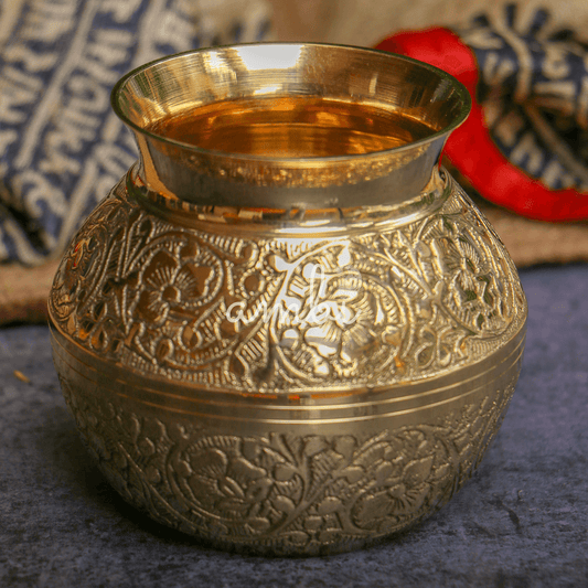 Ambi Divine 100 % Brass Embossed Lota Kalash for Pooja or Water Storage - Round