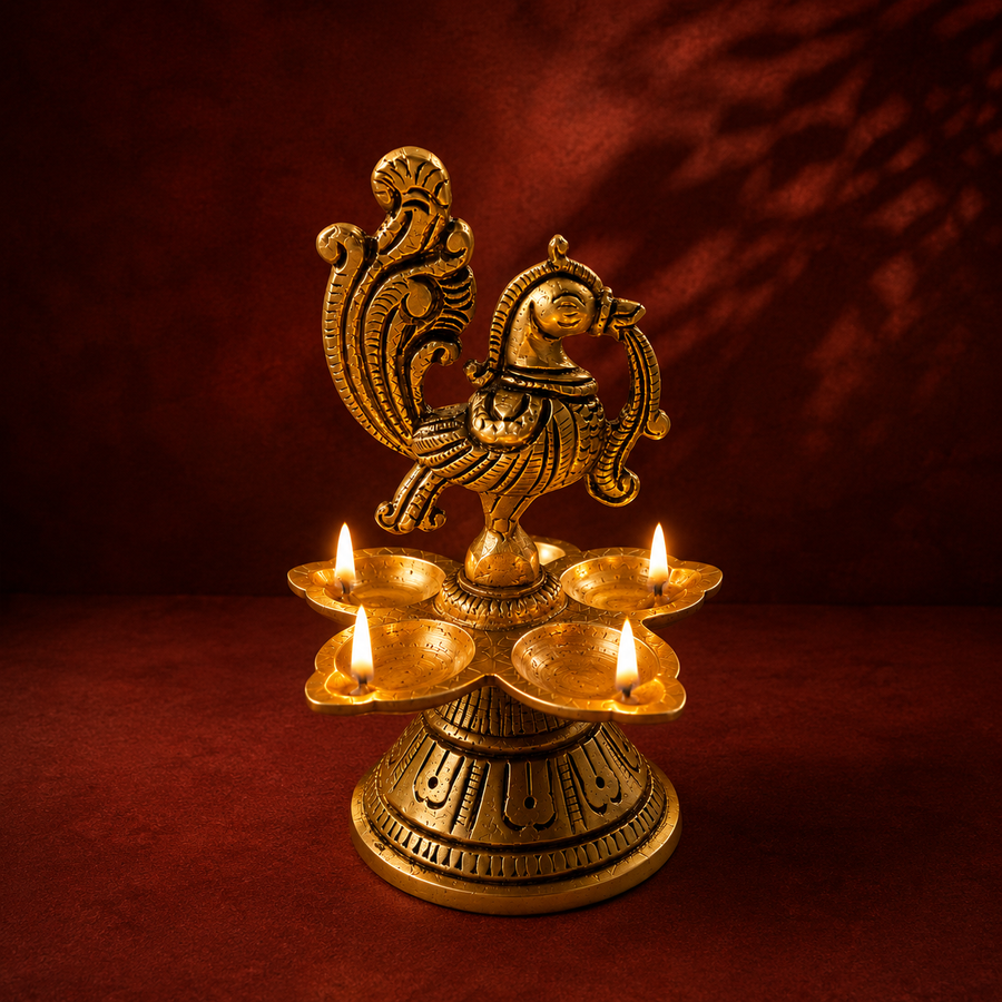 Ambi Divine Pure Brass Peacock Multi-Wick Diya|Hamsa Vilakku / Annapakshi Diya