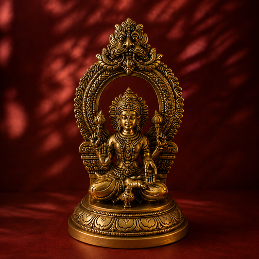 Ambi Divine Pure Brass Goddess Padmasana Lakshmi Idol with Prabhavali | Handcrafted Seated Laxmi Murti for Home Mandir, Diwali & Prosperity