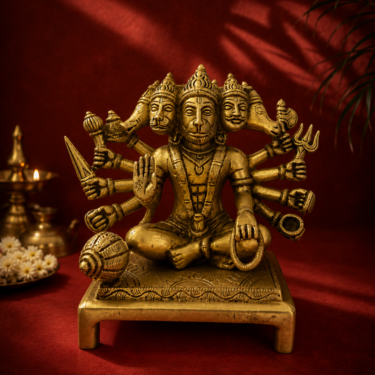 Ambi Divine Pure Brass Pancha Tejas Hanuman Murti | Panchmukhi Hanuman Idol | Handcrafted 5-Faced Bajrangbali for Home Mandir & Shakti Puja