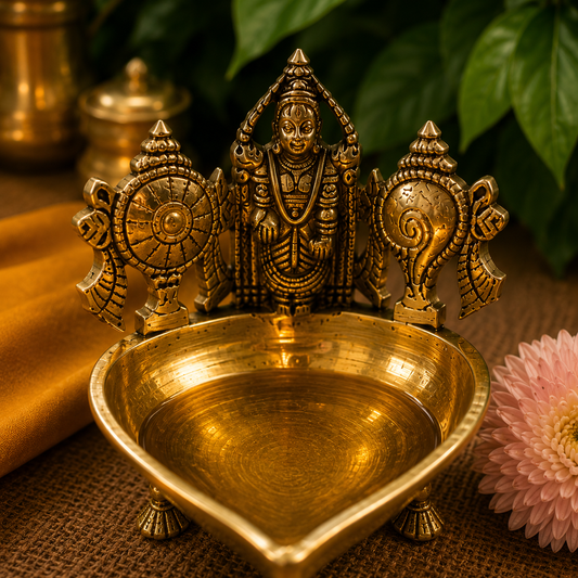 Ambi Divine Pure Brass Balaji Jyot Diya with Shankh Chakra Design | Temple Lamp for Home