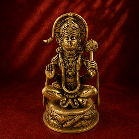 Ambi Divine Pure Brass Lord Anjaneya Swamy Seated Idol | Handcrafted Hanuman Murti in Blessing Posture for Home Mandir & Puja
