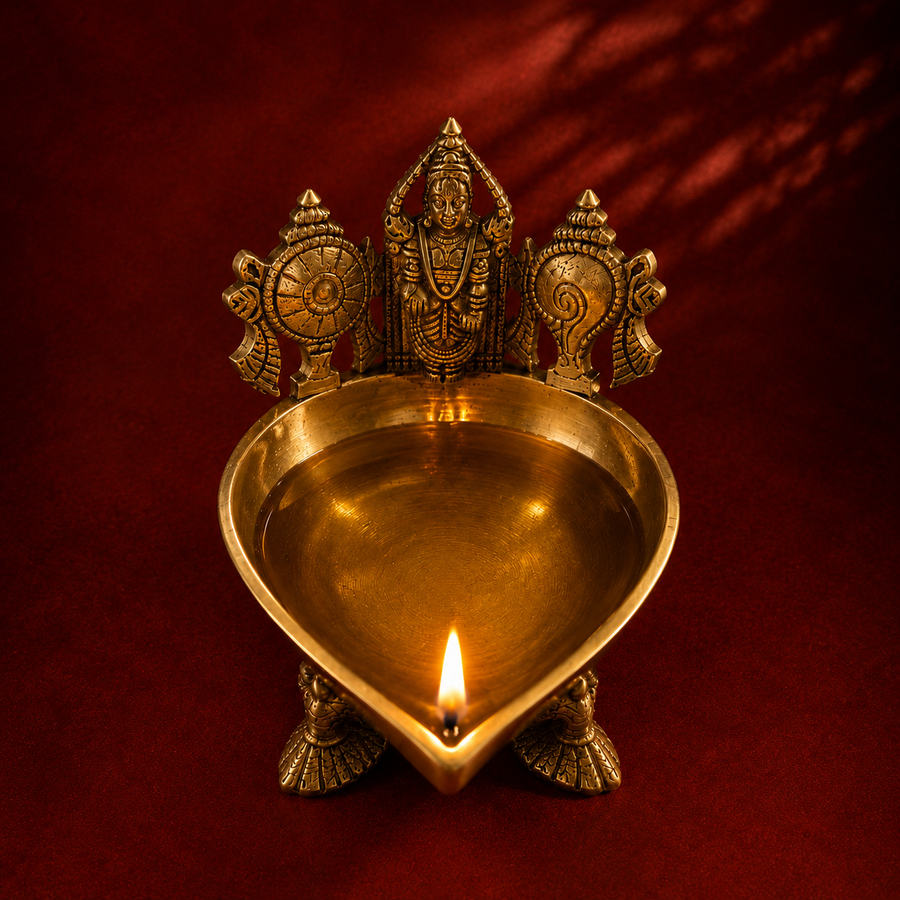 Ambi Divine Pure Brass Balaji Jyot Diya with Shankh Chakra Design | Temple Lamp for Home