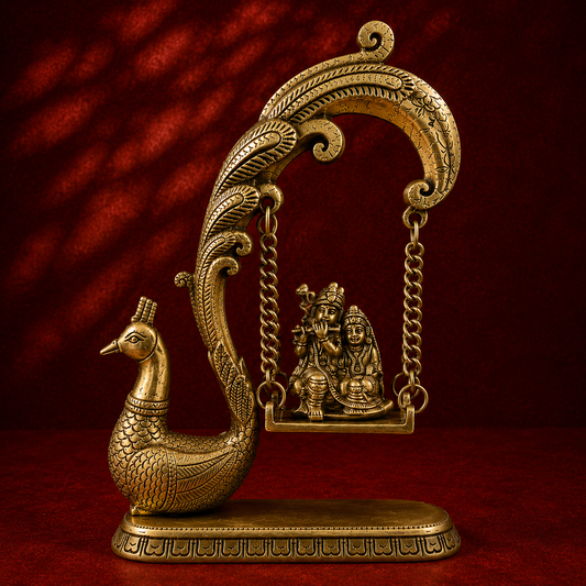 Ambi Divine Pure Brass Radha Krishna Jhoola / Jhula with Peacock Design | Handcrafted Krishna Swing for Home Mandir & Janmashtami
