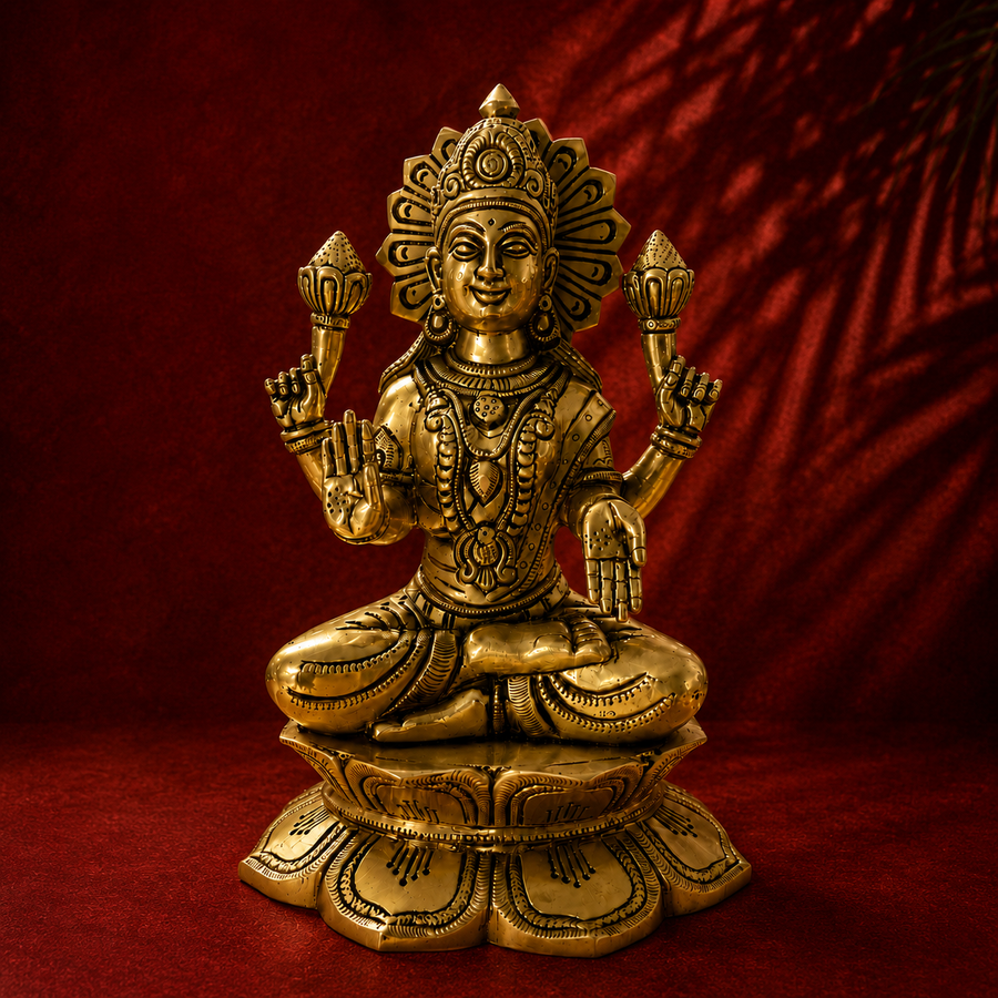 Ambi Divine Pure Brass Goddess Lakshmi Idol | Handcrafted Laxmi Murti on Lotus for Home Mandir, Diwali & Prosperity