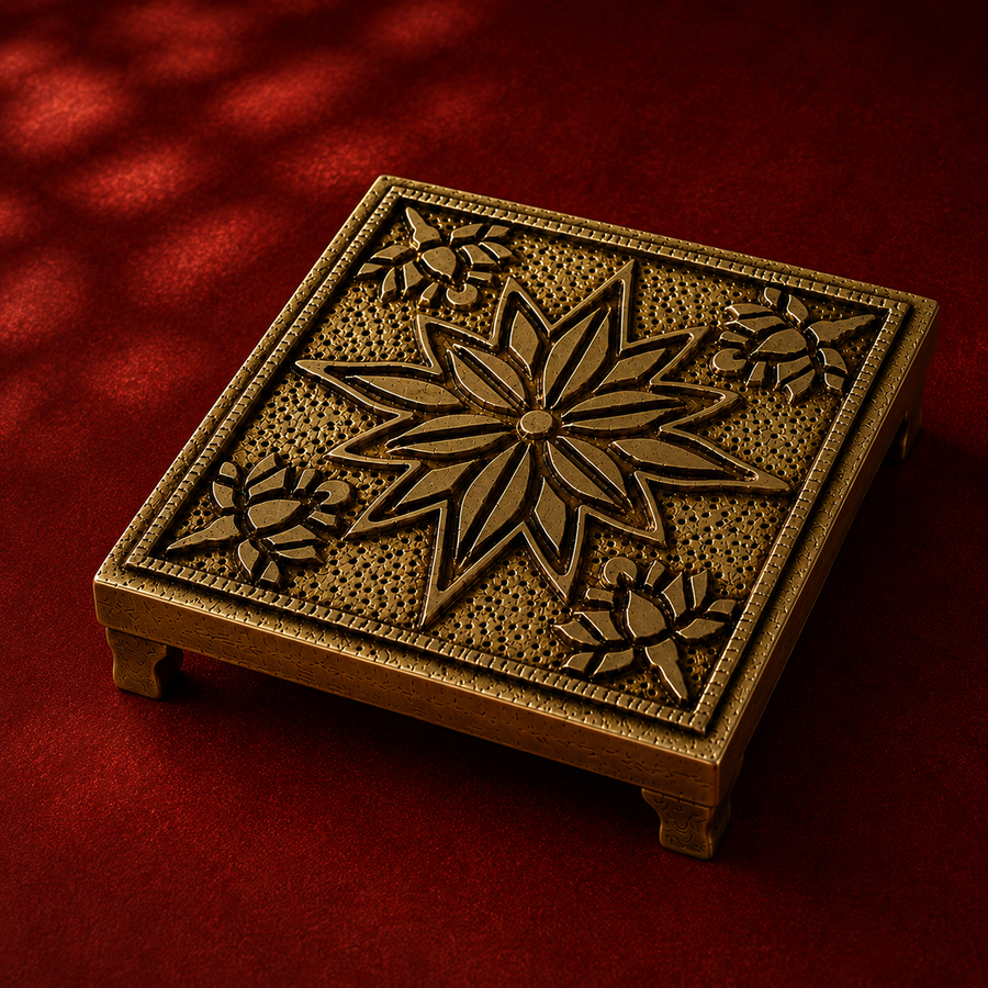Ambi Divine Pure Brass Lotus Puja Chowki | Handcrafted Brass Chowki for Home Mandir & Festive Rituals