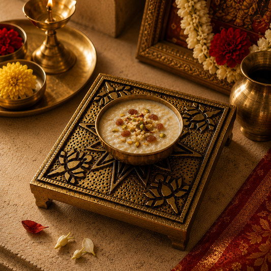 Ambi Divine Pure Brass Lotus Puja Chowki | Handcrafted Brass Chowki for Home Mandir & Festive Rituals