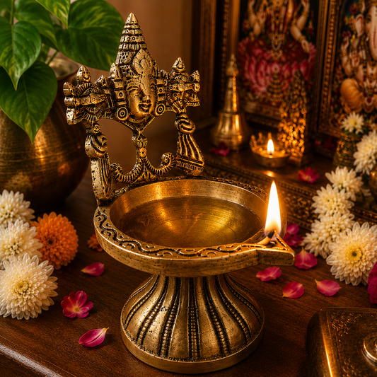 Ambi Divine Pure Brass Trimurti Peedam Vilakku | Handcrafted Brahma Vishnu Shiva Temple Lamp for Home Mandir & Puja