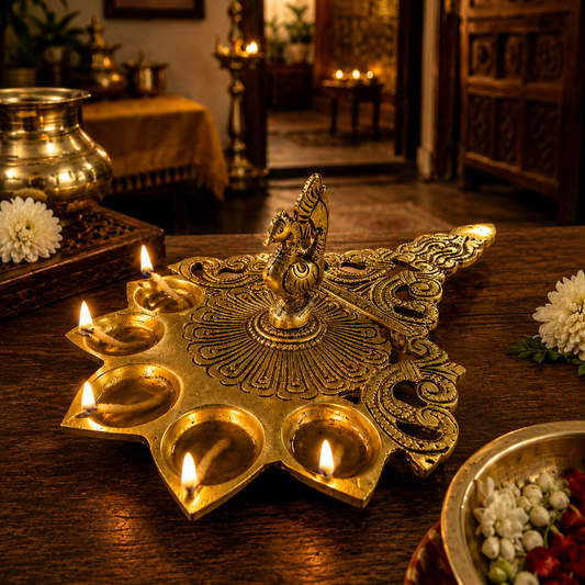 Ambi Divine Pure Brass Peacock Diya | Handcrafted Puja Diya for Home Mandir, Aarti & Festive Decor