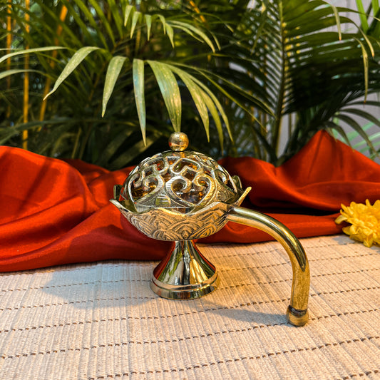 Ambi Divine Regal Bloom Vintage Style Pure Brass Dhoop Dani / Dhuni with Handle