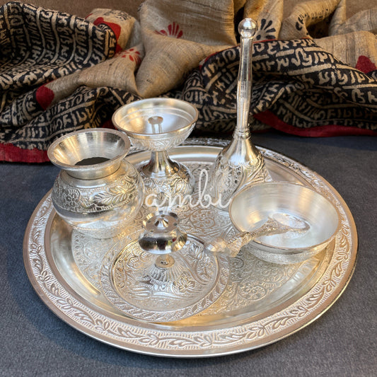 Ambi Divine Silver Plated Puja Thali Set – Traditional Engraved Design