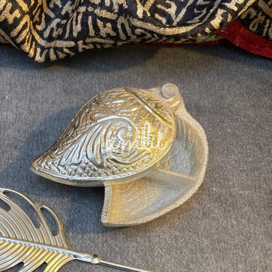 Ambi Divine Silver-Plated Brass Kumkum (Vermilion) Box Set with Feather-Shaped Applicator Stick