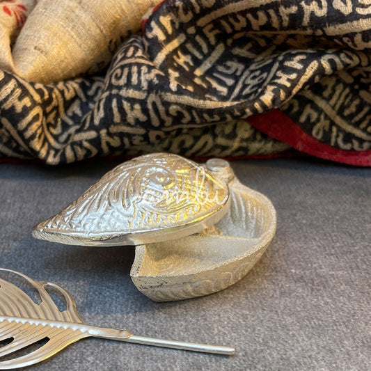 Ambi Divine Silver-Plated Brass Kumkum (Vermilion) Box Set with Feather-Shaped Applicator Stick