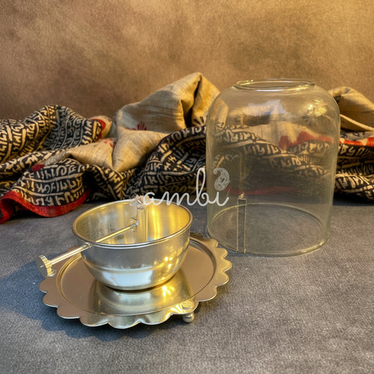 Ambi Divine Akhand Jyot Silver Plated Brass Diya with Glass Shield