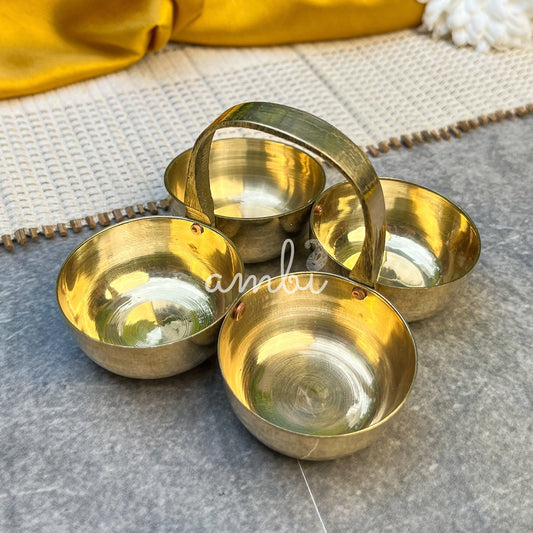 Ambi Divine Brass Chowmukh Chawal, Roli, Haldi, Kumkum Holder for Pooja / Temple - Small