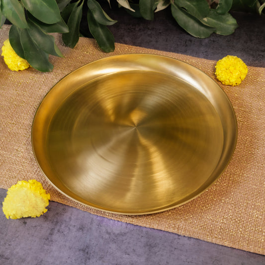 Ambi Divine 100% Pure Brass Pooja Plate — 12 Inch, 1 Kg Curved Edge