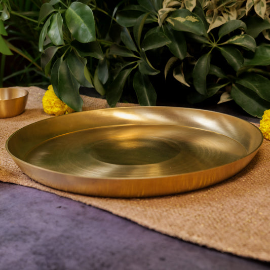 Ambi Divine 100% Pure Brass Pooja Plate — 12 Inch, 1 Kg Curved Edge