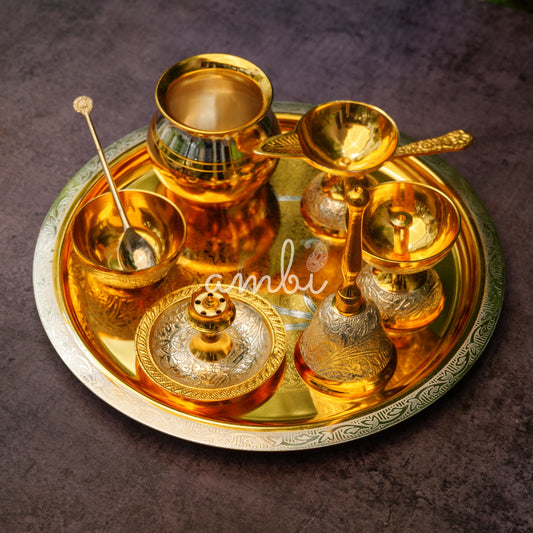 Ambi Divine Golden Plated Pure Brass Puja Thali Set