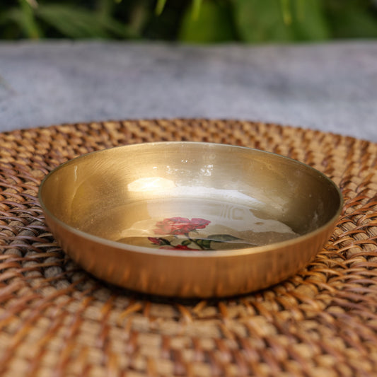 AMBI 100% Pure Kansa Small Rose Floral Hand Painted Finish Pooja Plate - 6 Inch