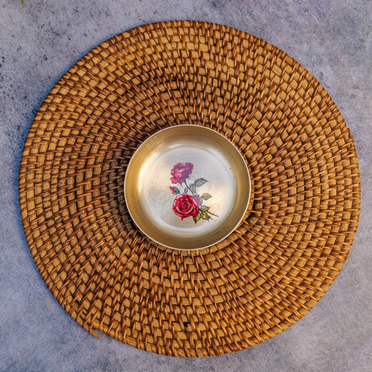 AMBI Divine 100% Pure Kansa Pooja Plate with Hand-Painted Rose Floral Design – 6 Inch