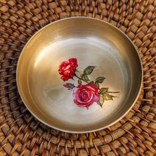 AMBI Divine 100% Pure Kansa Pooja Plate with Hand-Painted Rose Floral Design – 4 Inch