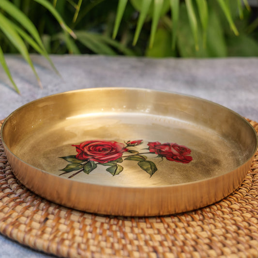 AMBI Divine 100% Pure Kansa Rose Floral Hand-Painted Pooja Plate – 8 Inch