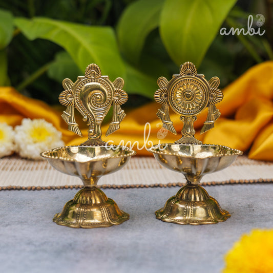 Ambi Divine Pure Brass Diya Shankh & Chakra Designs - Set of 2 - 4 Inches height