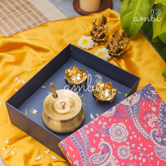 Ambi Divine Gift Box - Brass Lotus Diya(small) & Ghee Pot