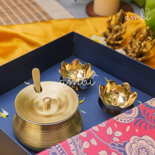 Ambi Divine Gift Box - Brass Lotus Diya(small) & Ghee Pot