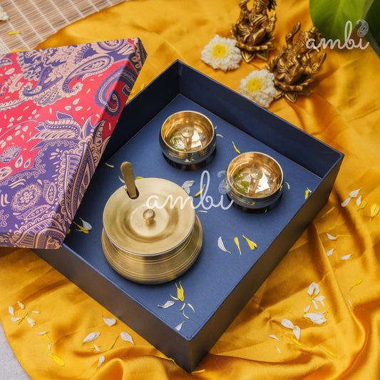 Ambi Divine Gift of Purity (Kuber Diyas) : 1 Pure Brass Ghee Pot and 2 Pure Brass Kuber Diyas in a Gift Box
