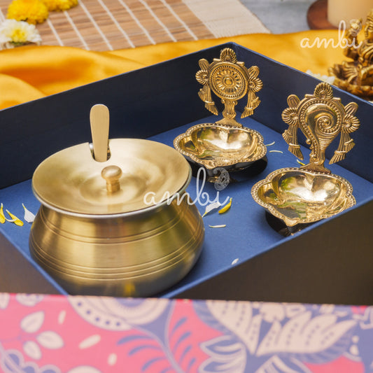 Ambi Divine Gift of Purity (Shankh and Chakra Diyas) : 1 Pure Brass Ghee Pot and 2 Pure Brass Diyas in a Gift Box
