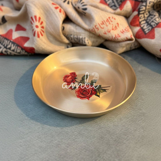 Ambi Divine Lead Free 100% Pure Kansa Small Rose Floral Hand Painted Finish Plate / Dessert Plate - 6 Inch