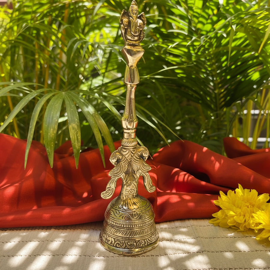 Ambi Divine Pure Brass Handheld Pooja Bell with Lord Ganesh – Intricately Crafted Hand Bell for Aarti & Prayer - 8 Inch Height