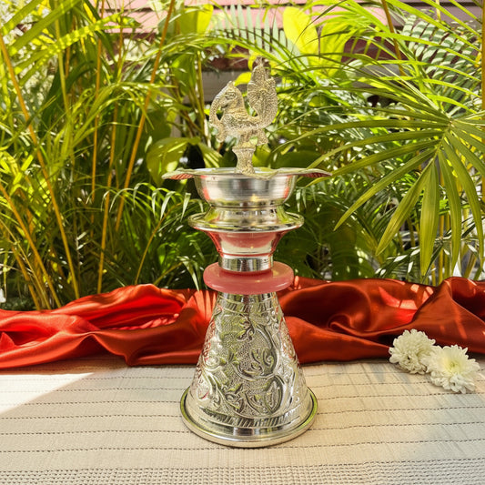 Ambi Divine Silver Plated Peacock Oil Lamp – Decorative Pooja Diya with Ornate Base