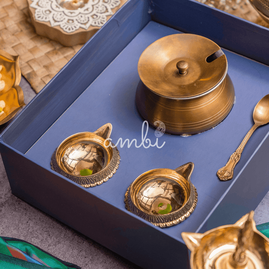 Ambi Divine Gift of Purity : 1 Pure Brass Ghee Pot and 2 Pure Brass Diyas in a Gift Box