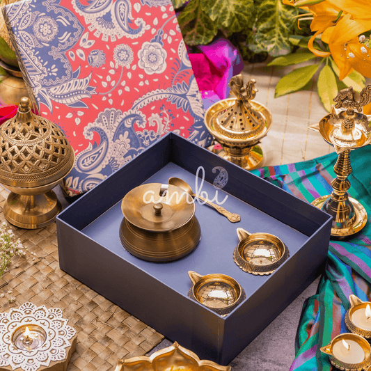 Ambi Divine Gift of Purity : 1 Pure Brass Ghee Pot and 2 Pure Brass Diyas in a Gift Box